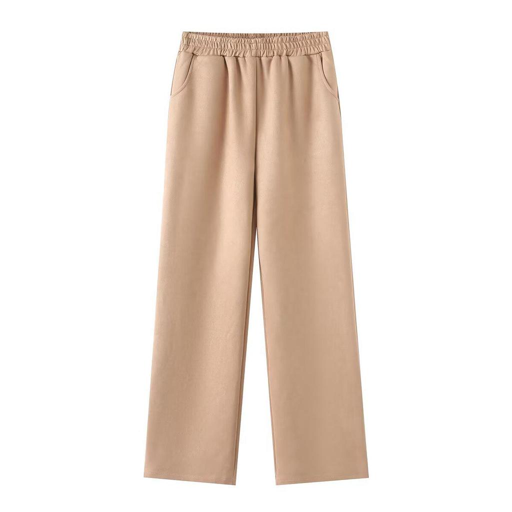 Women's Suede Lapel Jacket & Elastic Waist Straight Pants Set