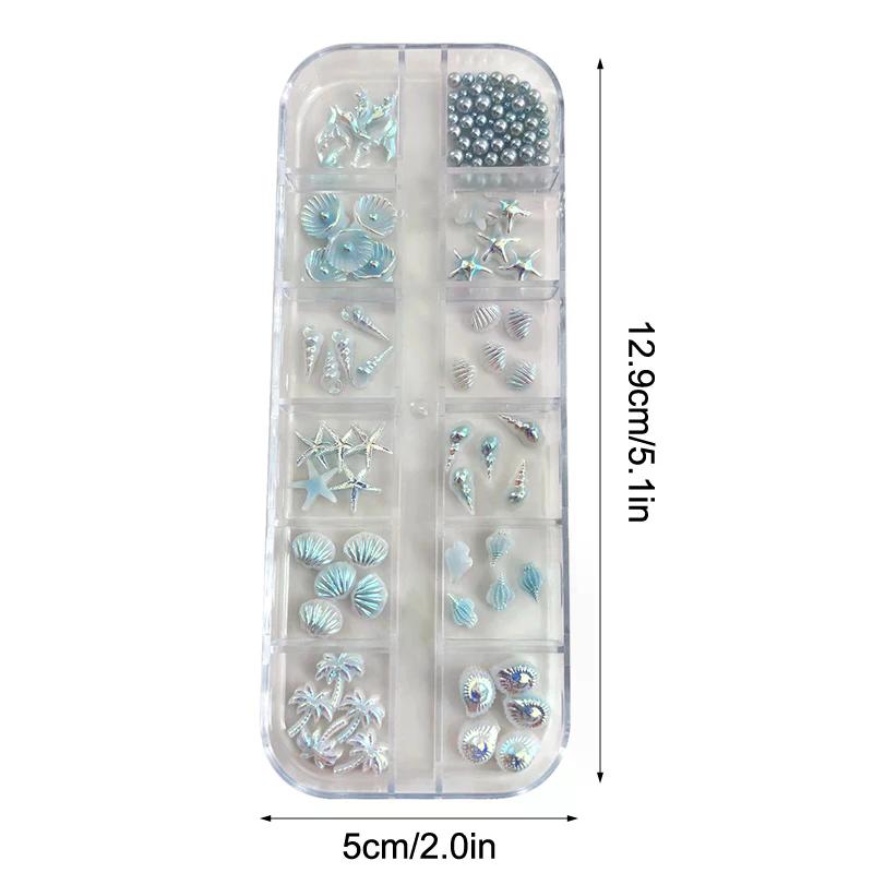 12 Grids/Box Blue White Nail Charm Shell Starfish Mermaid Tail 3d Nail Art Accessories For A Dreamy And Oceanic Manicure Look