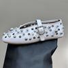 Fashion Luxury Black Pearl Round Head Buckle Ballet Sandals Summer Autumn Metal Hollow Commuting Casual Mary Jane Single Shoe Size 45