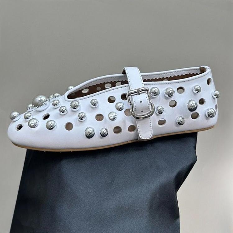 Fashion Luxury Black Pearl Round Head Buckle Ballet Sandals Summer Autumn Metal Hollow Commuting Casual Mary Jane Single Shoe Size 45
