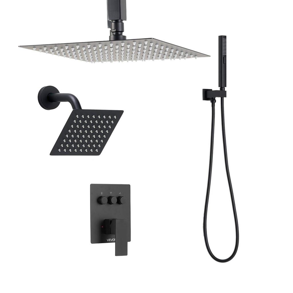 Shower Faucet Set, 254 mm Ceiling Mount Rainfall Shower System with 152 mm Wall Mount Head and 2 in 1 Handheld Spray, Rotatable 3-Function Dual Rain