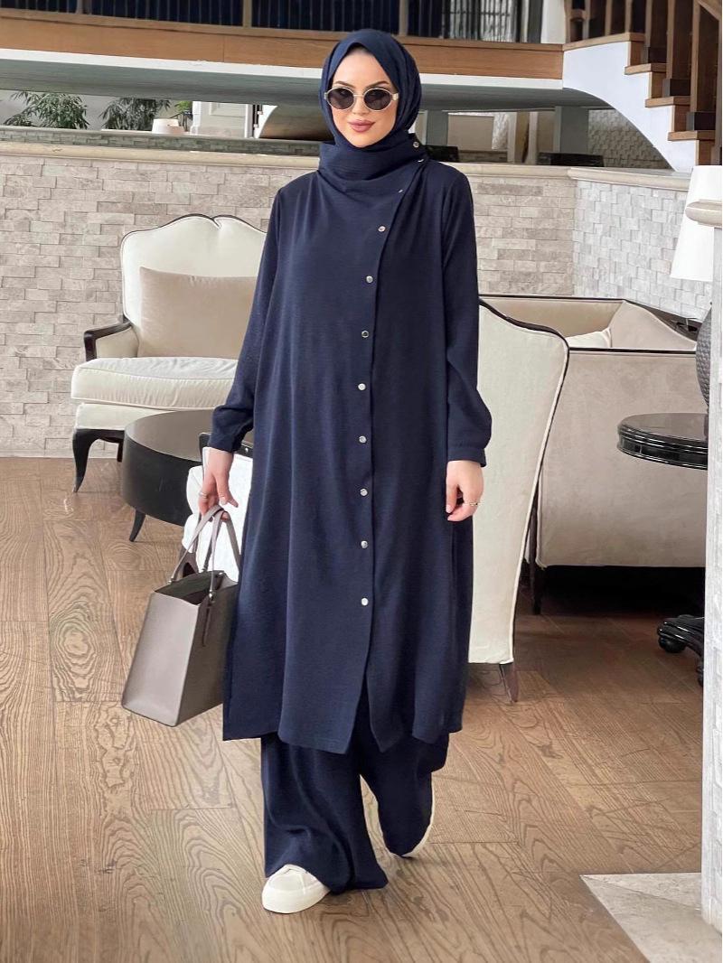 

Women s Muslim Fashion 2024 Arabic Two-Piece Set: Long-Sleeve Shirt & Pants for Spring/Autumn L