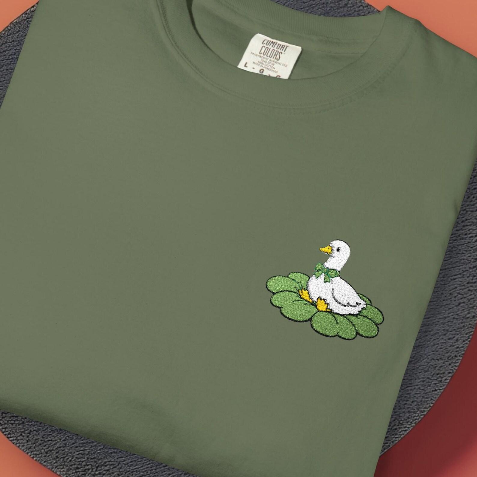Comfort Colors Goose Sitting on Leaf T shirt, Cute Goose Embroidered Shirt, Spring Goose Tee Gift For Her L