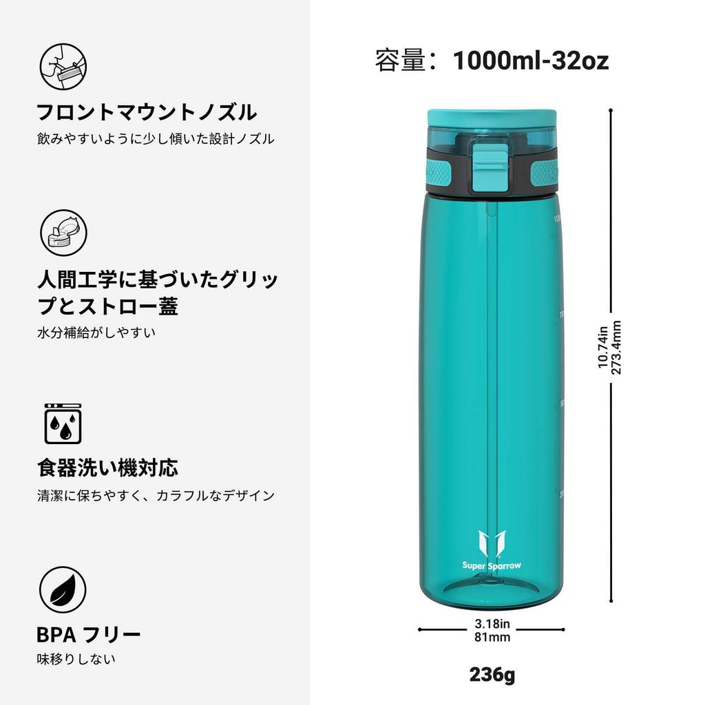 Super Sparrow Water Bottle - 1L - Made with American-made Tritan BPA-Free Straw - Suitable for Sports, School, Baseball, Outdoor Activities, Camping,