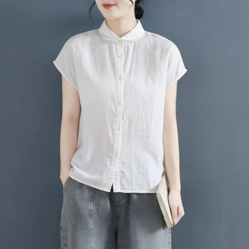 Cotton and Linen Shirt Ladies Sleeveless Blouse Summer Literary Casual Large Size Temperament Fashion Solid Color All-match Short-sleeved Shirt