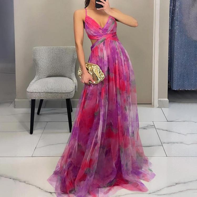 Summer V Neck Casual Party Dress Women Mesh Printed Suspender Holiday Dress
