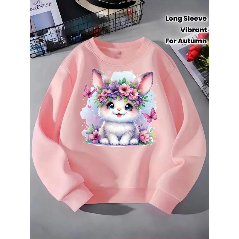 Floral Bunny Charm Girls' Fashionable crewneck sweatshirt, autumn and winter Western style top, children's long sleeved T-shirt
