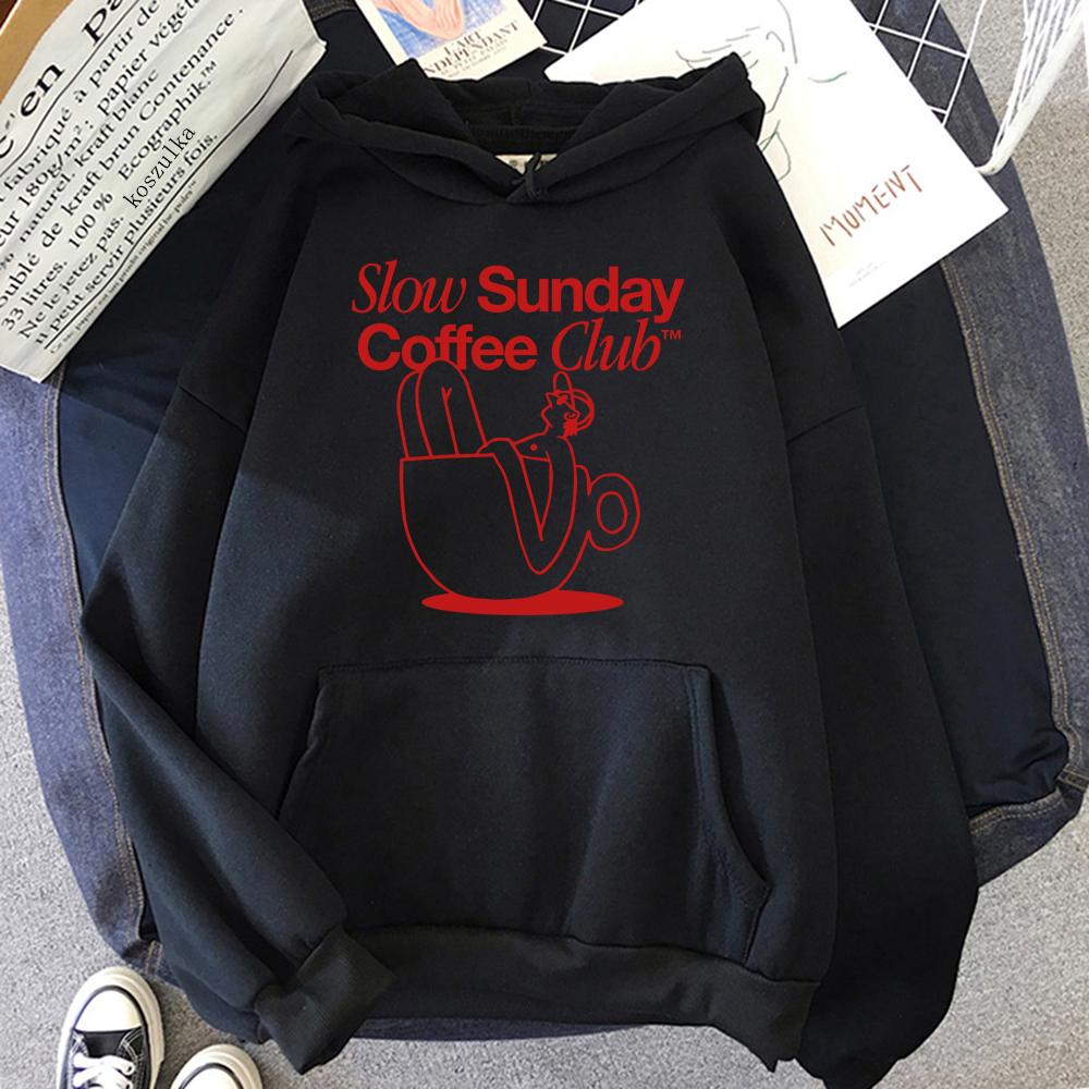 Slow Sunday Coffee Club Hoodie Mode Damen Harajuku Ästhetisch Lustige Hoodies Unisex Herbst Winter Vintage Pullover Sweatshirts