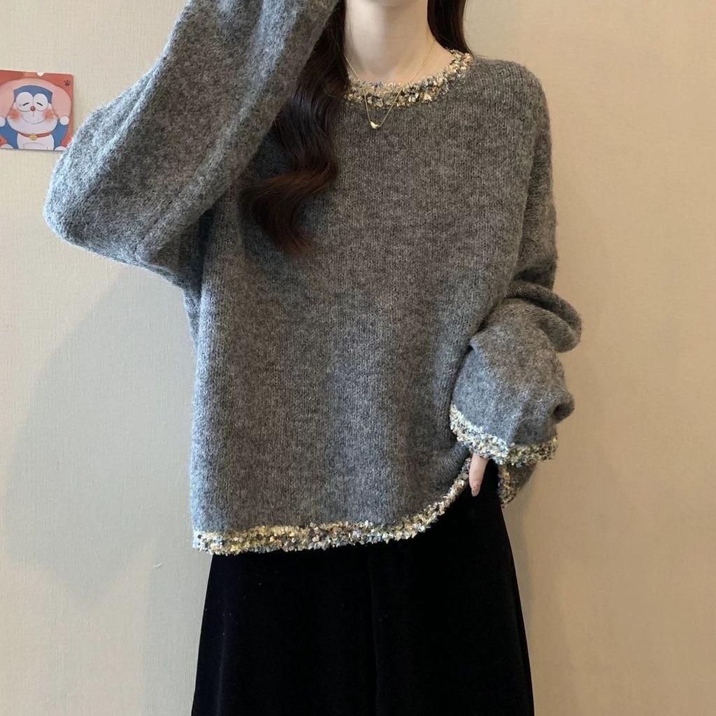 Premium Soft Sticky Raccoon Velvet Nail Bead Sweater Women's Autumn/Winter Large Loose Lazy Knitted Top