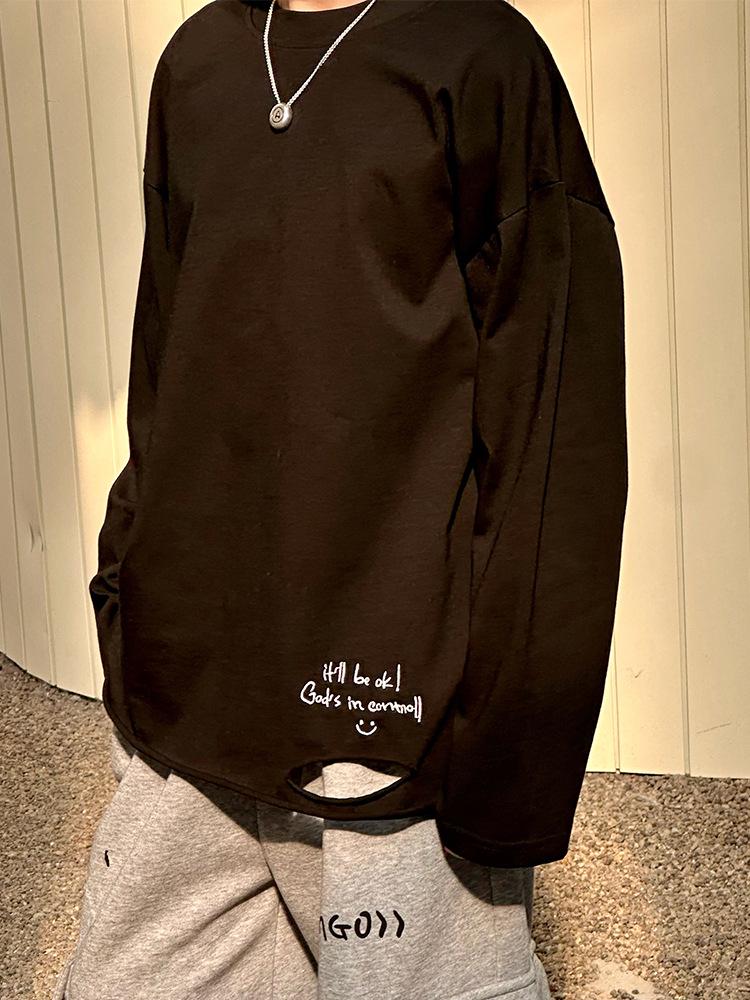 2025 Koreanische Frühjahrskollektion: Jungen Besticktes Lockeres Langarm-T-Shirt mit Ausschnitten