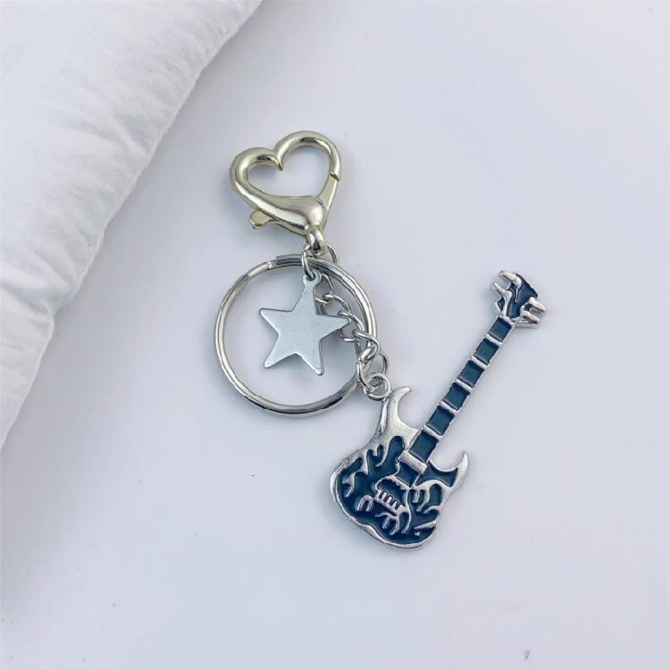 Guitar Pendant Keychain with Shimmering Stones Metal Keyring Sweet Cool Girls Key Chain Lightweight Jewelry for Bag