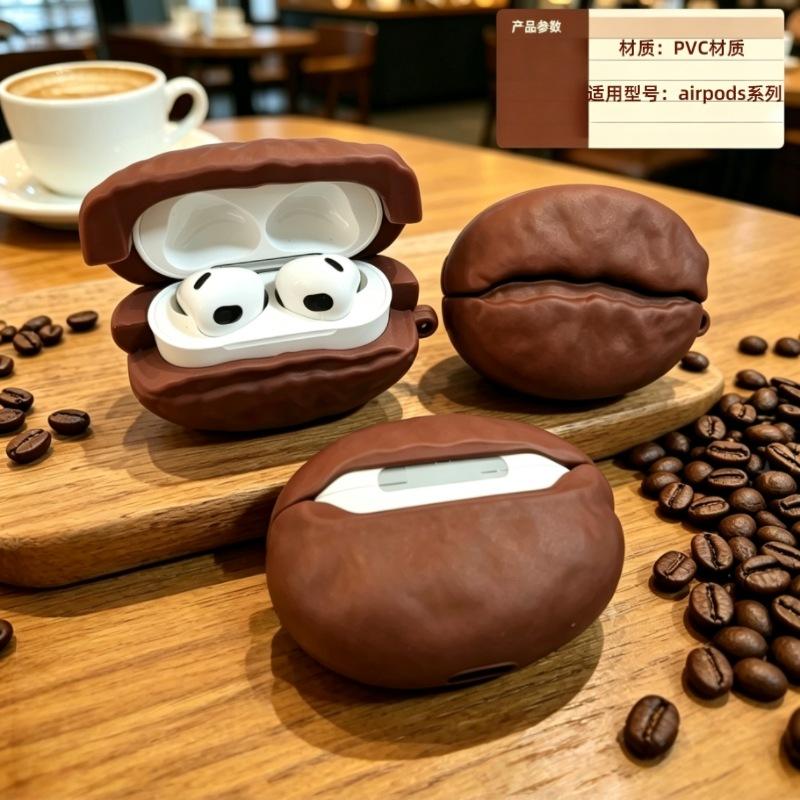 Funda para Auriculares para Airpods 4 ANC y Airpods Pro 3 2 Forma de Grano de Café Cubierta Protectora de PVC Suave con Cordón Portátil Anti-pérdida