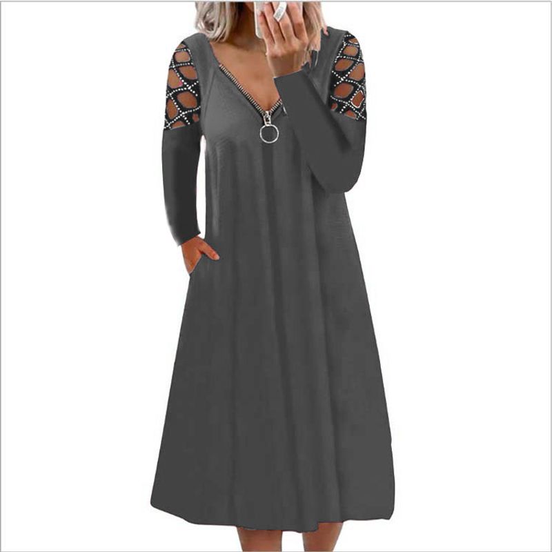 

European and American Hollow Rhinestone plus Size Loose Casual Dress Gray L
