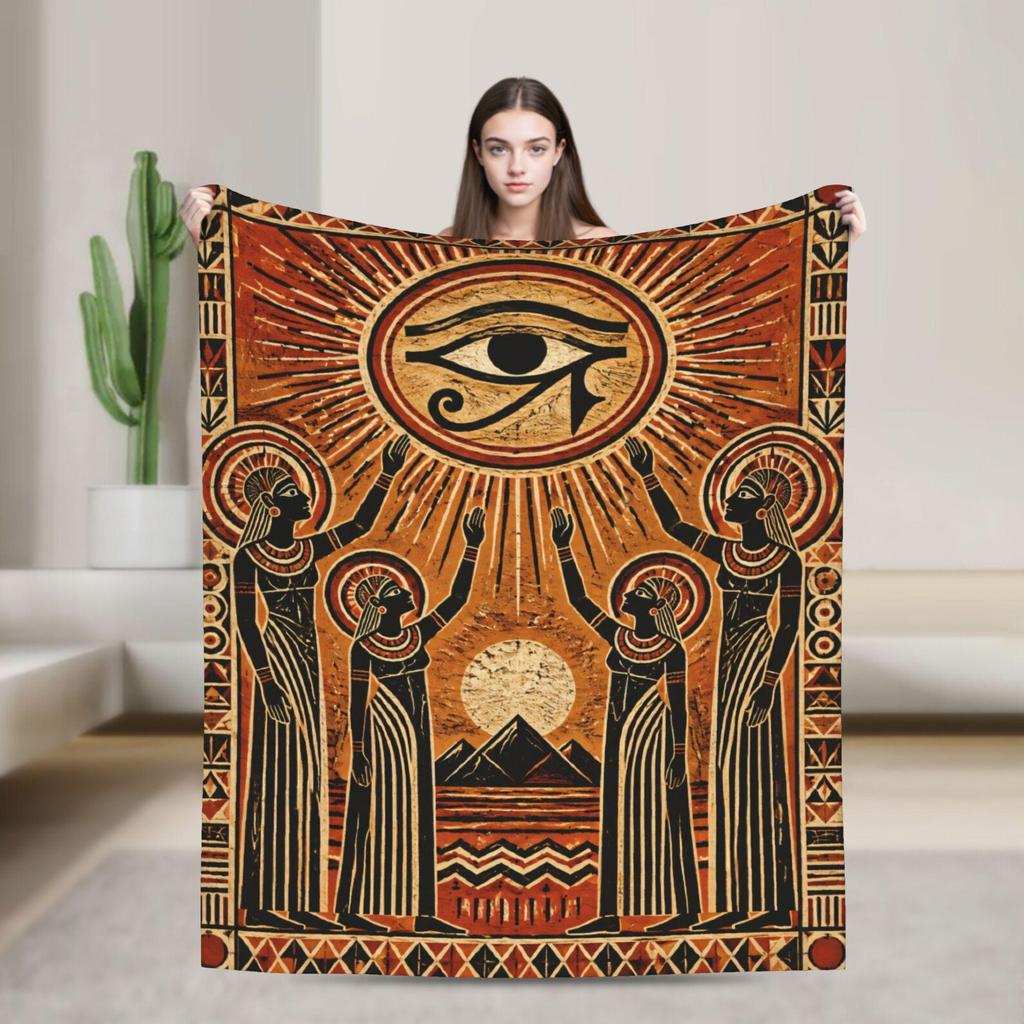 Eye of Horus Flannel Blanket, Egyptian Goddess Pyramid Throw, Woodcut Style Room Decor