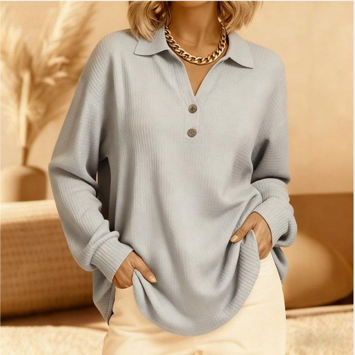 2026 Women's Gray Knit Top with Button Collar Decoration - White Tone