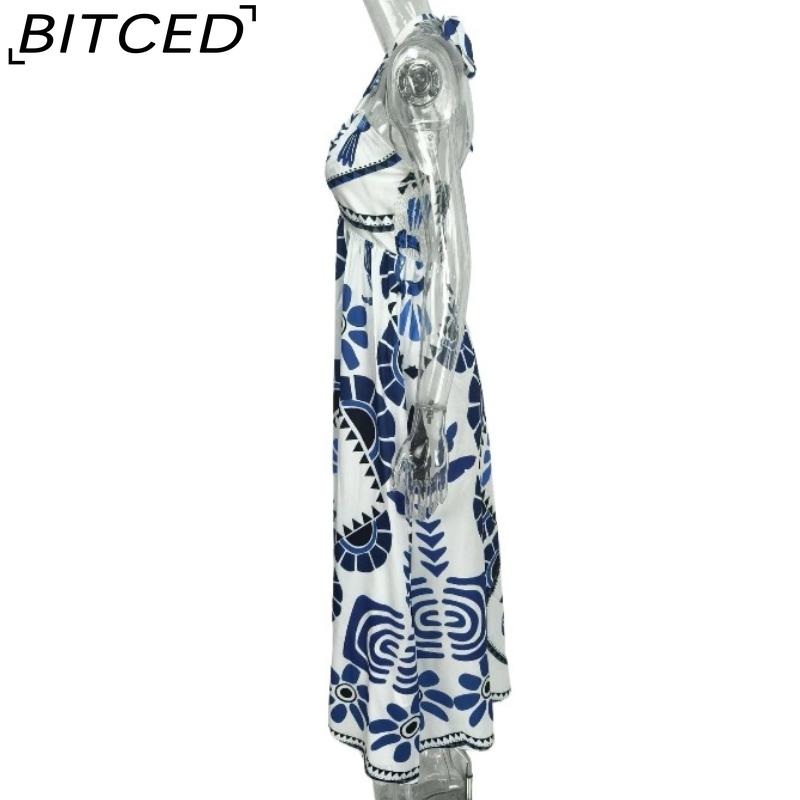 BITCED Women's Elegant Floral Print Fashion Lace-Up Halter Neck Loose-Fit Spring Dress