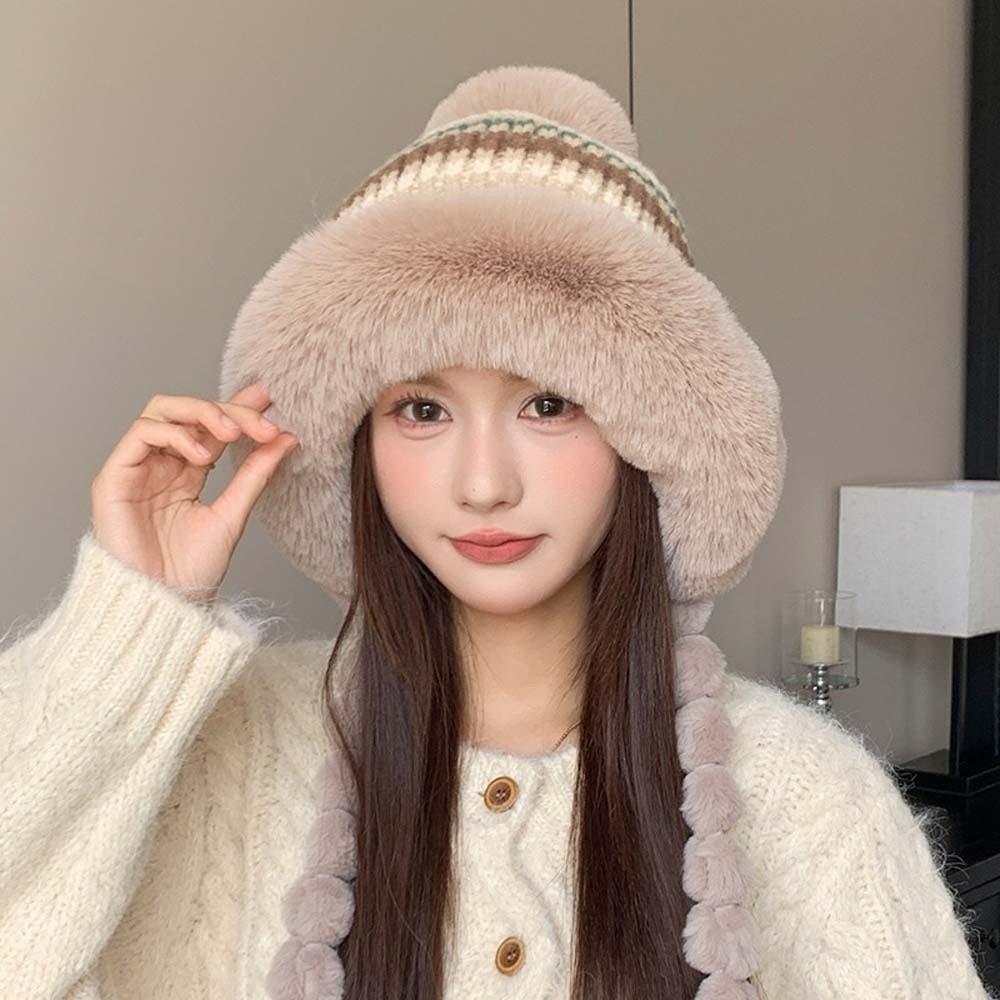 Fur Brim Pompom Braids Hat Striped Knit Earflap Winter Cap Fleece Knit Beanie Teens