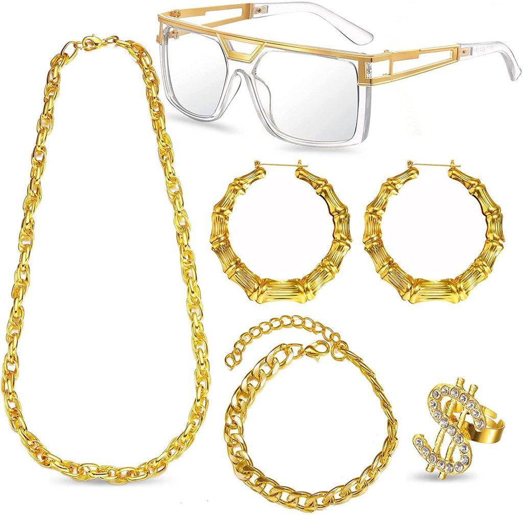 Hip Hop Gold Coin Necklace Ring Hat Glasses Set For Men Women Cosplay Style