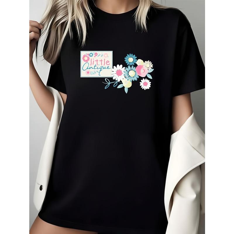 

Women Fresh Floral Print Loose Crew Neck Short Sleeve Tee Summer Fashion All Match Basic Top S