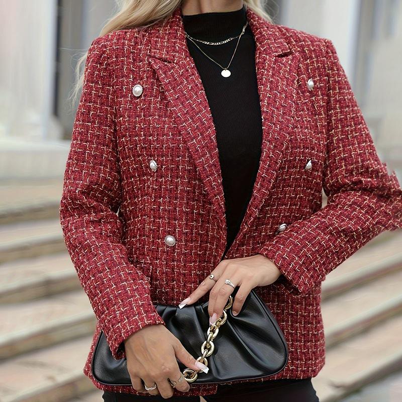 Европейская и американская элегантная клетчатая приталенная двубортная куртка Double Extra Large красный