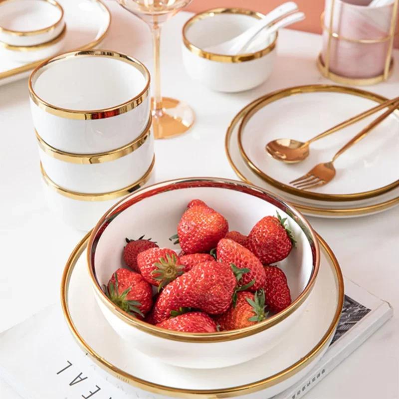 Gilt Rim White Porcelain Dinner Tray Food Dishes Rice Salad Noodles Bowl Ceramic Plates Bowls Kitchen Plates Ceramic Tableware