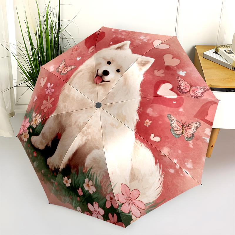 Happy Samoyed Pattern, Automatic Folding Umbrella, Portable and Foldable Design, 8 Ribs, a Christmas or Birthday Gift.