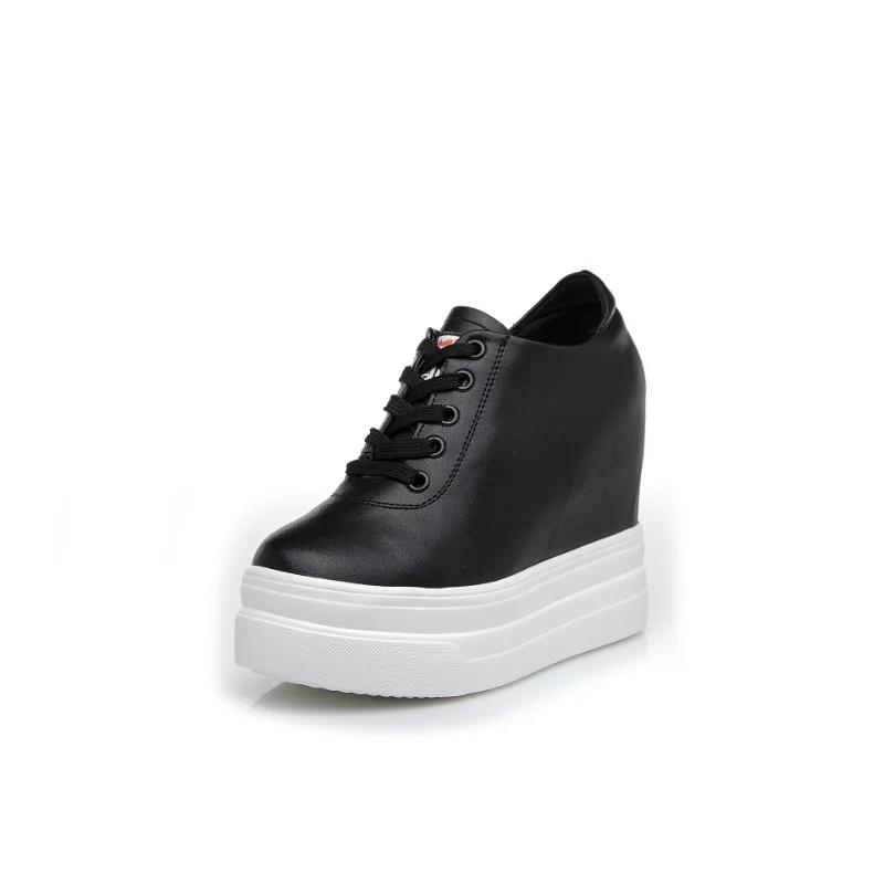 Mode 11CM Kuh Echtleder Herbst Sommer Frühling Plateau Wedges Vulkanisiert Schnürung Lässig Damen Chunky