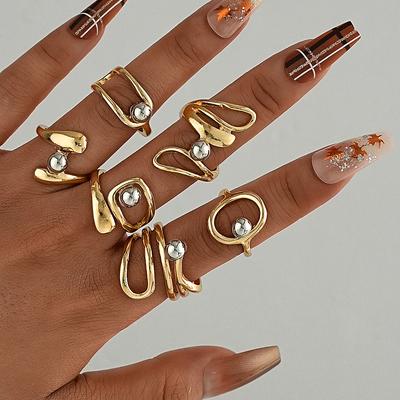 6 Stück Unregelmäßiges Farbblock-Metallkugel-Ringe Set Damenmode Einzigartiger Party-Schmuck Zubehör