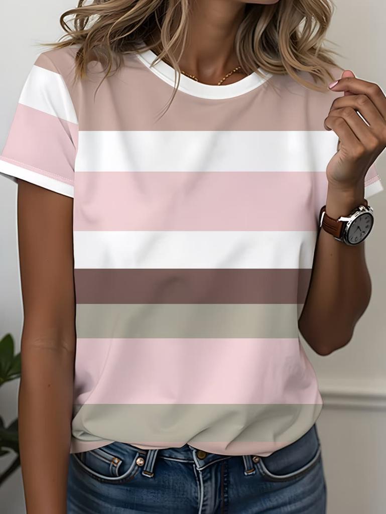 Women's Contrasting Striped Printed T-Shirt Round Neck Loose Short Sleeved Fashion Simple Commuting Top Y2k Tee Woman Clothing