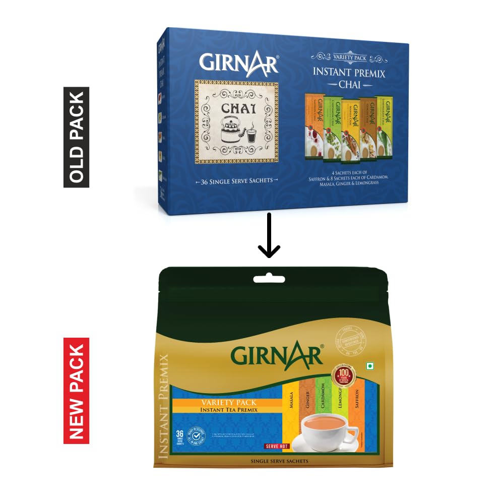 Girnar Instant Premix Chai Variety Pack 36 Sachets Cardamom Ginger Masala Lemongrass Saffron