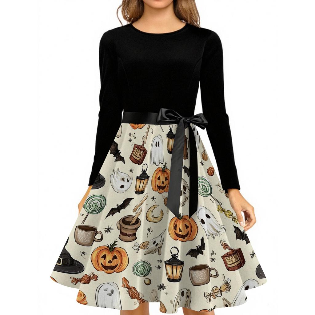 Women's Casual Retro Halloween Dress Long Sleeve Round Neck Vintage Fit and Flare Dress with Bat Print and Waist Tie Belt for Everyday Wear