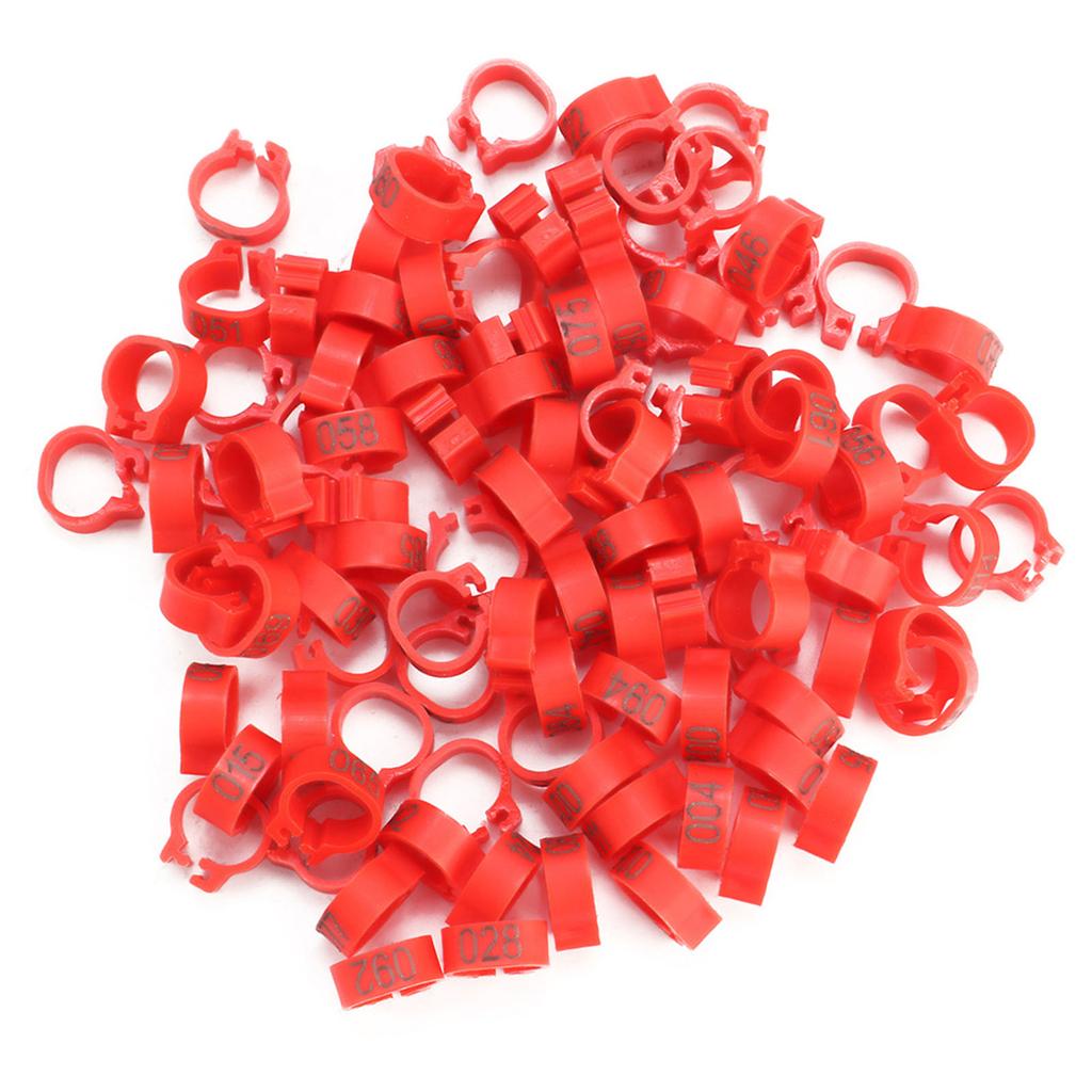 100 STK/pose 8MM 001-100 Nummererte Plast Brevdue Bird Ben Band Ringer(rød)