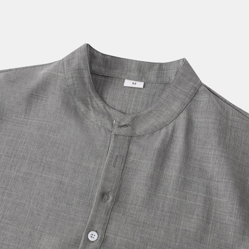 Men's Slim-Fit Stand-Up Collar Solid Color Short-Sleeve Shirt, 2024 Spring/Autumn Collection