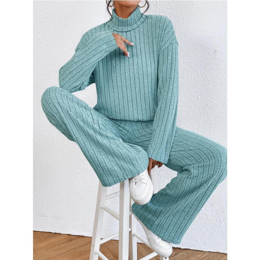 Completo casual da donna in 2 pezzi, felpa a collo alto in maglia a maniche lunghe e set di pantaloni larghi per autunno inverno