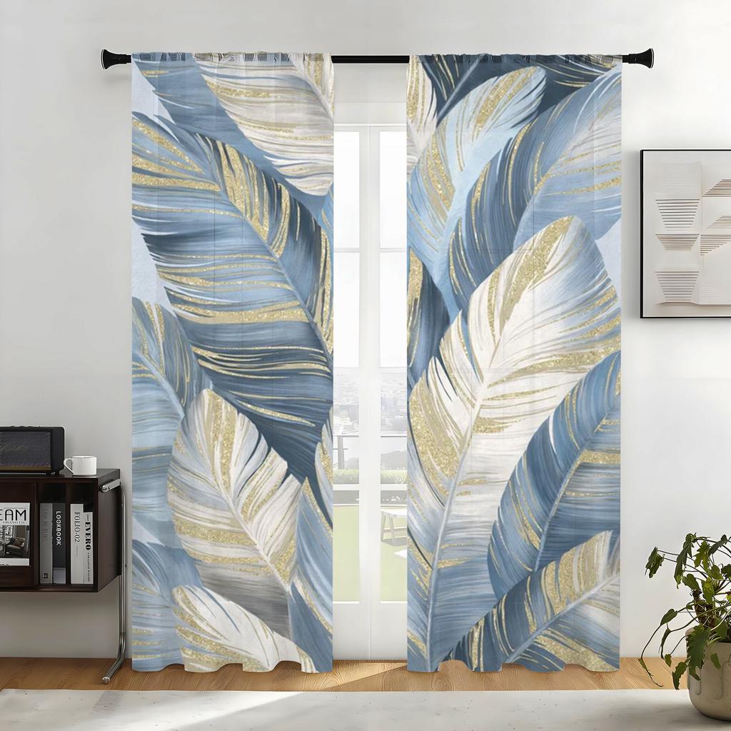 Blue Feather Print Curtains Polyester Fabric Suitable Bedroom Living Room Decoration Curtain Machine Washable Perfect For