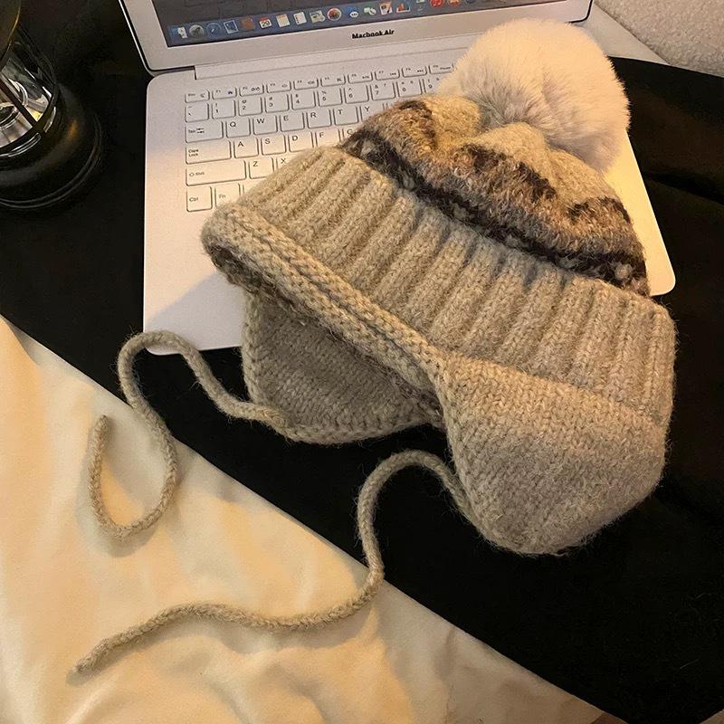 Women's Retro Fair Isle Earflap Woolen Beanie - Thick Knitted Autumn/Winter Warm Hat