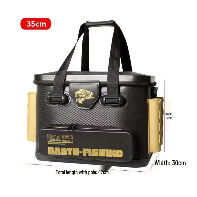 

Seatable Fishing Bucket with Multi-Purpose Rod Holder, Lure Box, & Thickened EVA Live Fish Compartment 10L