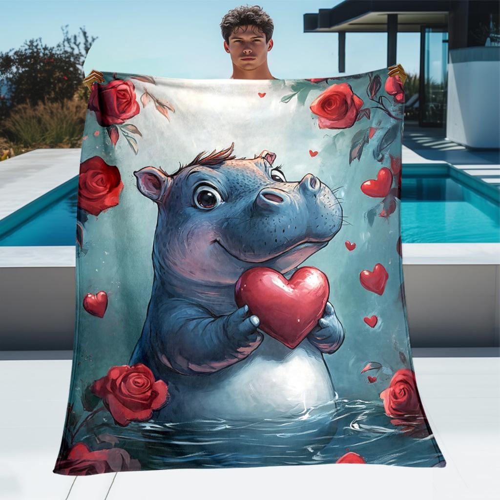 1pc Hippo with Red Heart Blanket - Lightweight Flannel Throw for Sofa, Outdoor, Camping, Living Room, Office, Chair, and Bed