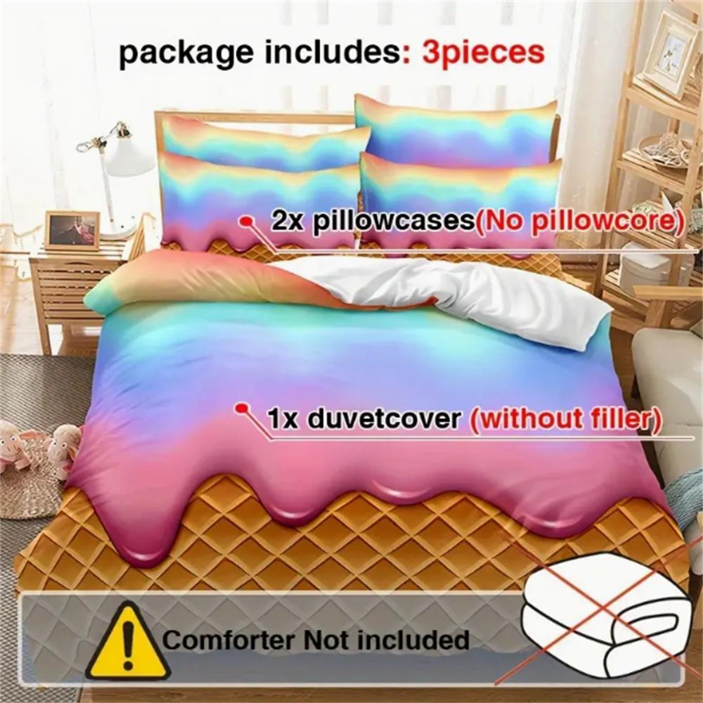 3pcs Vibrant Rainbow Ice Cream Wafer Cone Duvet Cover Set - Soft, Breathable, and Comfortable Bedding for Bedroom, Dormitory