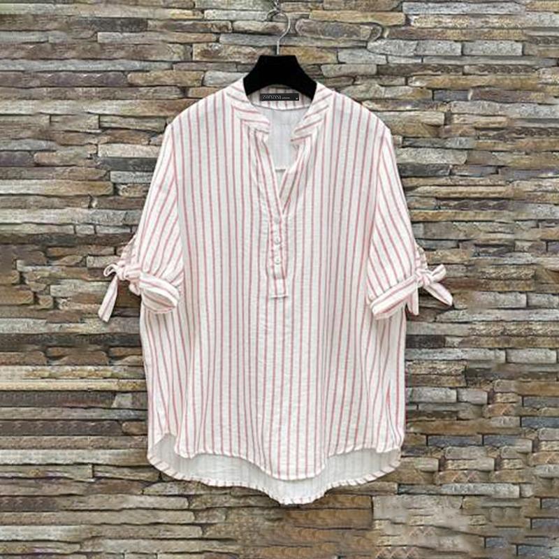

ZANZEA Women Summer V-Neck Short Sleeve Striped Shirts M розовый