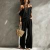 Women Off Shoulder Crop Top and Wide Leg Pants Set Solid Beige
