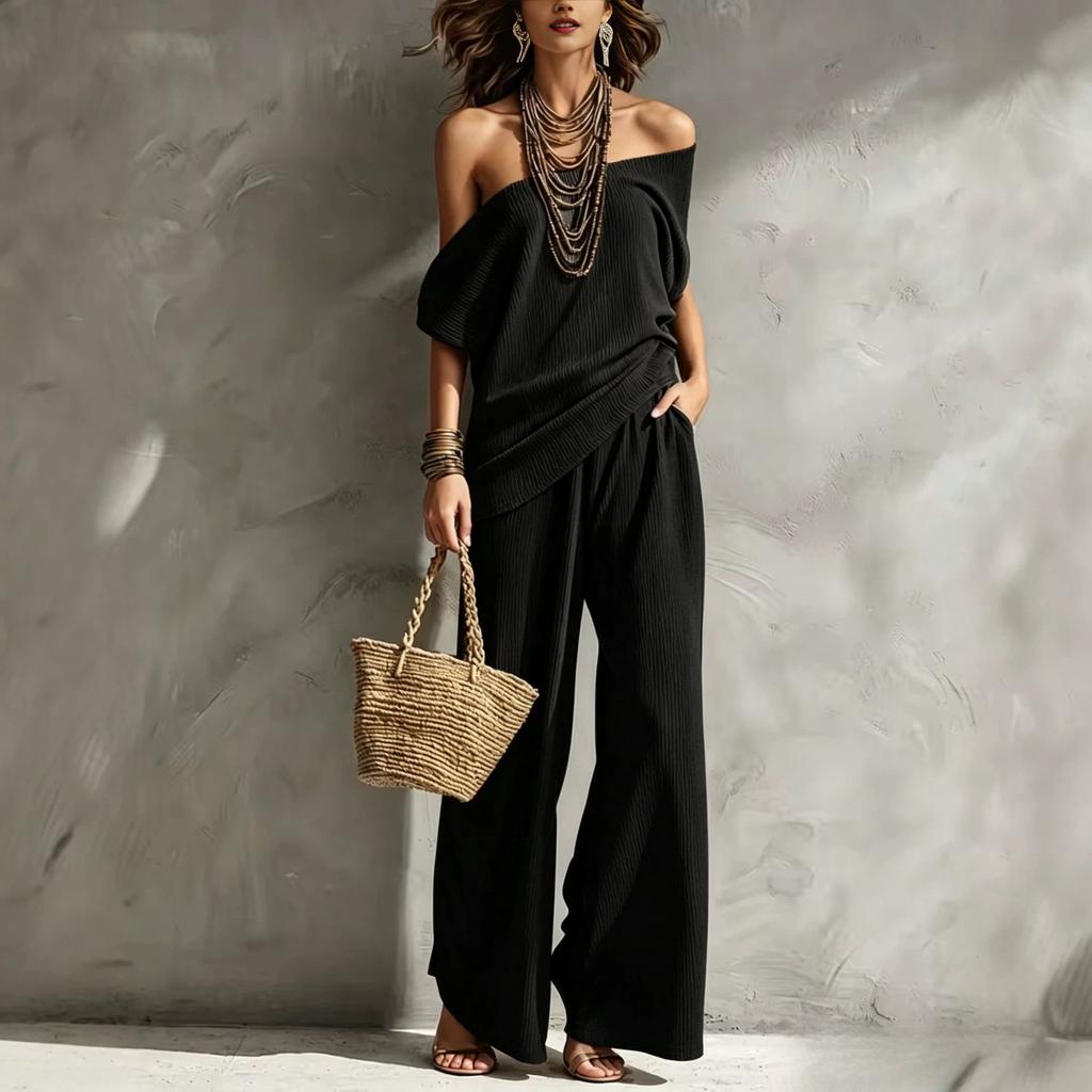 Women Off Shoulder Crop Top and Wide Leg Pants Set Solid Beige