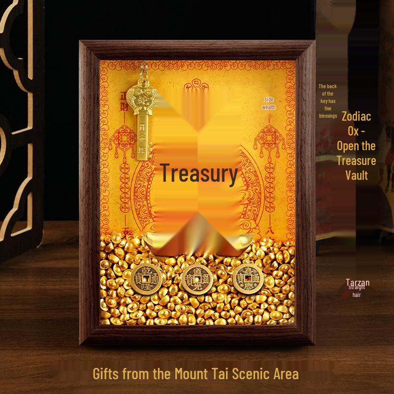 2025 Auspicious Open Wealth Photo Frame with Golden Key, Solid Wood Entrance Foyer, Zodiac Animals, Five Roads to Attract Wealth.