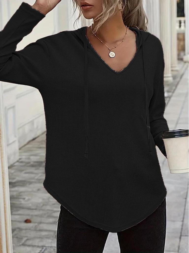 Elegant 2025 V-Neck Women's Hoodie - Soft Long Sleeve Drawstring Sweatshirt