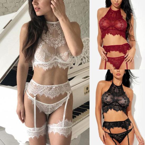 3Pcs Sexy Women See Through Floral Lace Babydoll Bra Briefs Garter Underwear Set