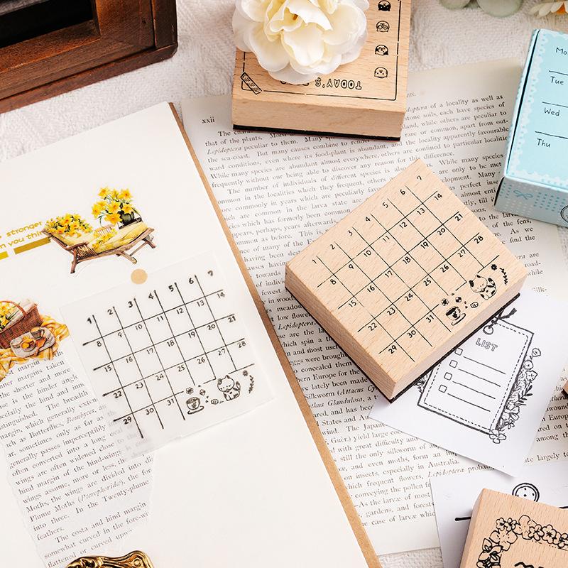 Light Retro Wooden Calendar Stamp, Superman Cat Monthly  Weekly Calendar, DIY Decorative Material Printing Stamp  Assorted Stamp