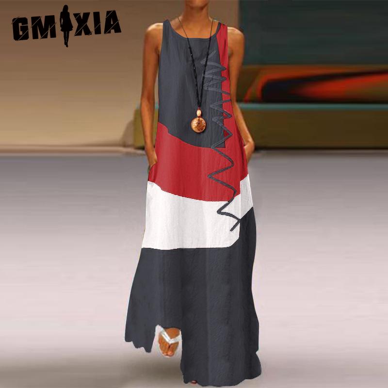 GMXIA Fashionable Long Sleeveless Patchwork Dress 4 Colors Casual Dresses
