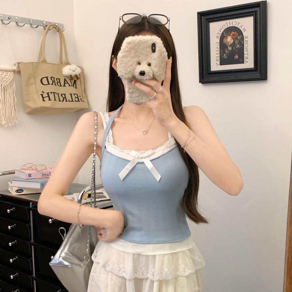 #Summer new Spice Girl lace edge sling vest female chic niche one-piece with chest pad versatile