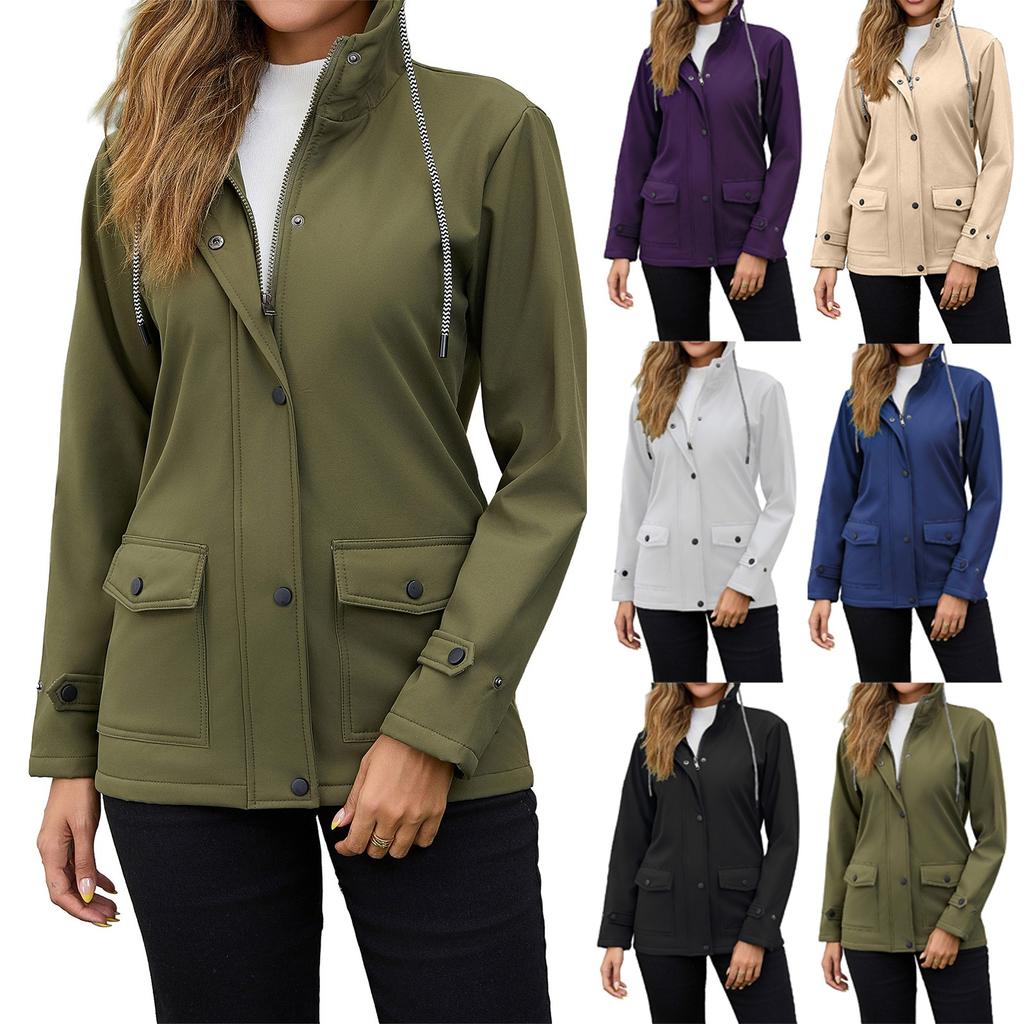 Women's Fashionable Solid Color Long Sleeved Hooded Zipper Windbreaker Composite Velvet Waterproof Jacket