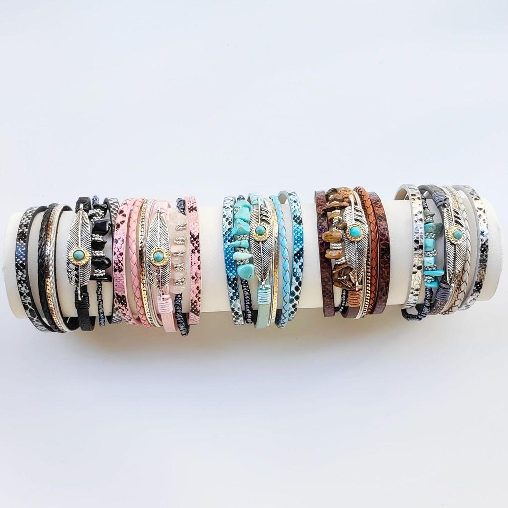 Bohemian Style Leather Bracelet with Crushed Stone and Plant Leaf Design